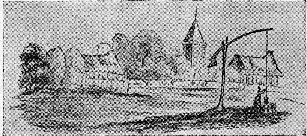 Sat cu biserică și fântână cu cumpănă lângă Buzău, desen de Andrew A. Bonar din 1839