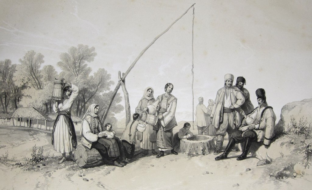 Țărani din Valahia în port popular lângă o fântână cu cumpănă, litografie după Michel Bouquet din 1841