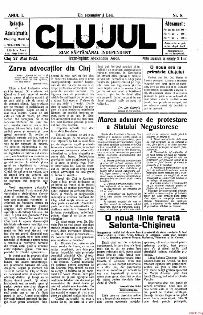 Prima pagină a ziarului Clujul, nr. 8, 27 mai 1923