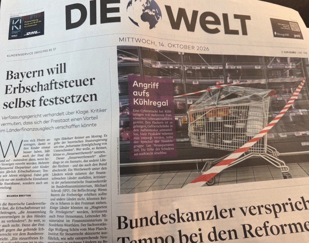 Prima pagină a ziarului Die Welt din 14 octombrie 2026, cu articolul Bayern will Erbschaftsteuer selbst festsetzen