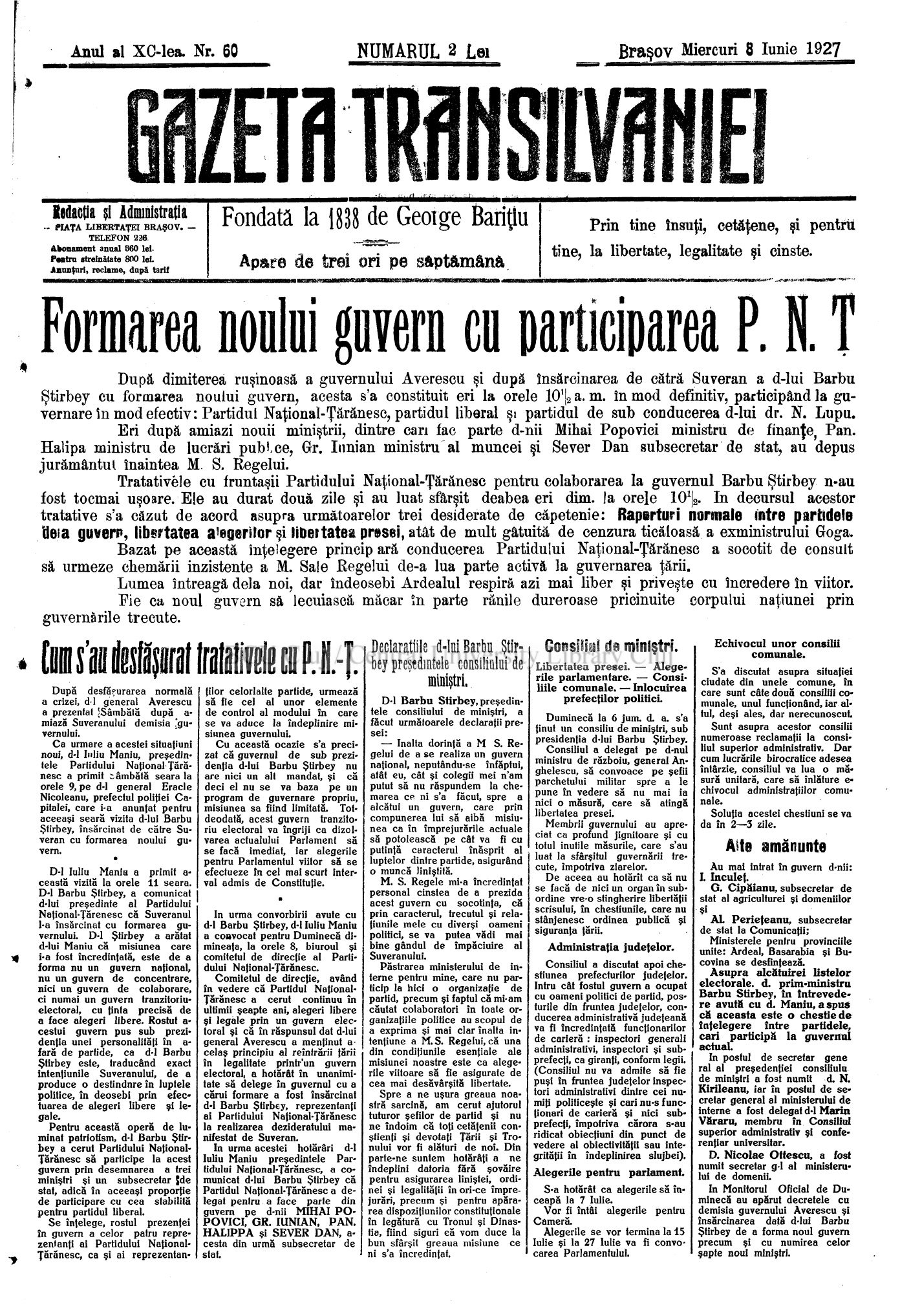 Gazeta Transilvaniei, Brașov, nr. 60, 8 iunie 1927, prima pagină: Formarea noului guvern cu participarea P.N.Ț.