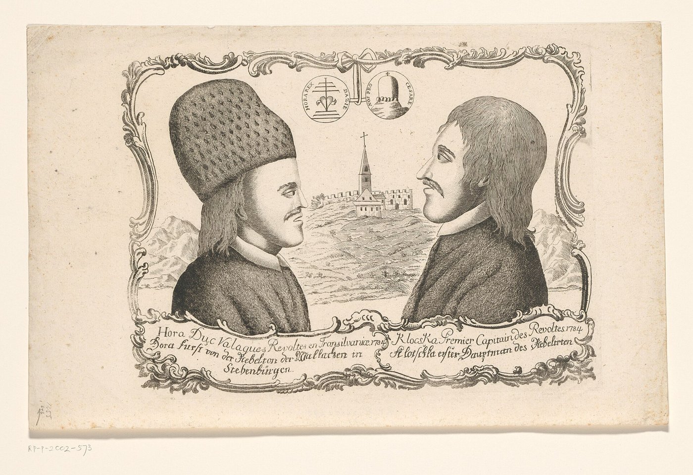 Gravură din 1784-1785 cu Horea și Cloșca în profil, cu legendă în franceză și germană