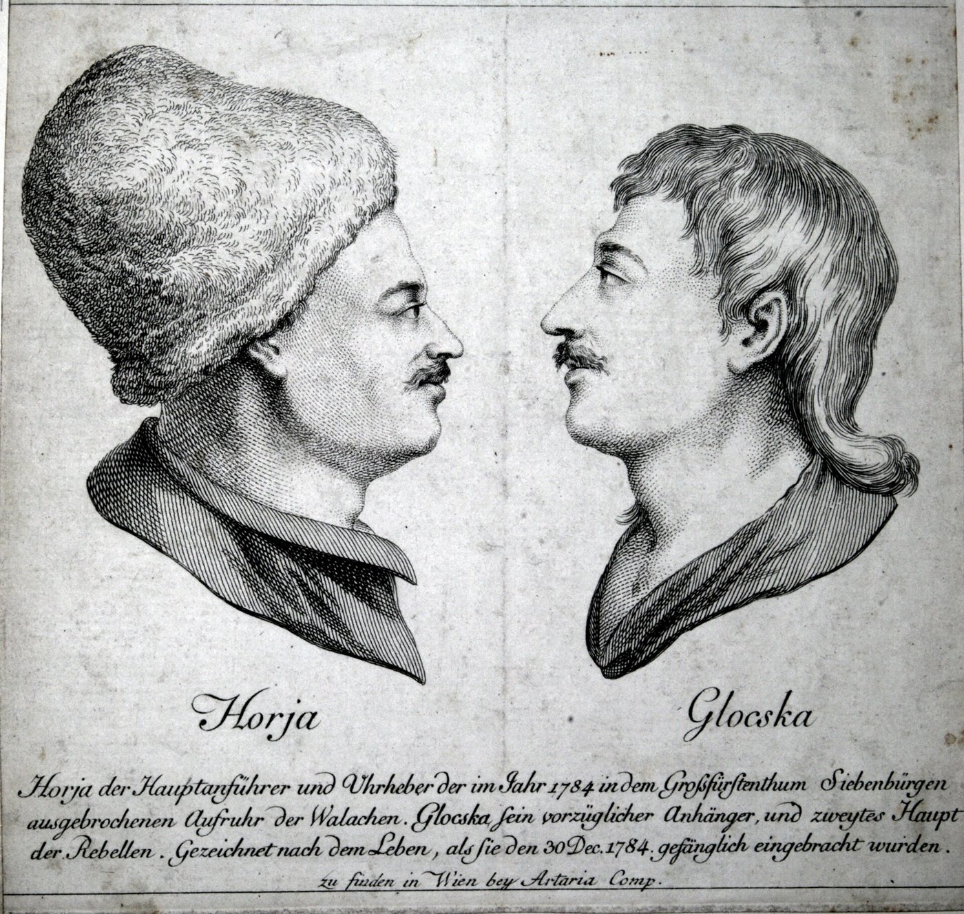 Gravură de epocă cu portretele în profil ale lui Horea și Cloșca, cu legenda germană Horja și Glocska