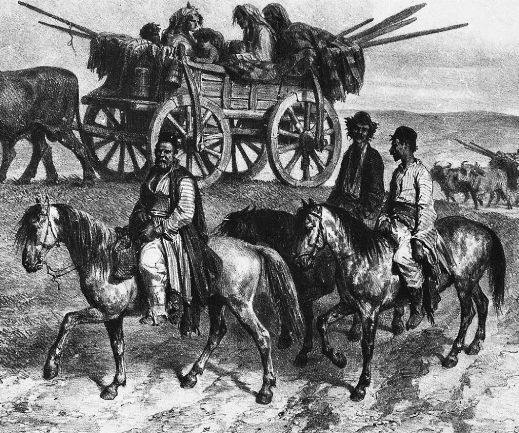 Familie de romi călătorind cu căruța și călare în Moldova, litografie de Auguste Raffet din 1837