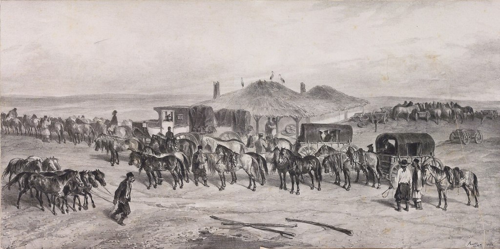 Căruță de poștă trasă de cai în galop pe un drum din Moldova, litografie de Auguste Raffet din 1837
