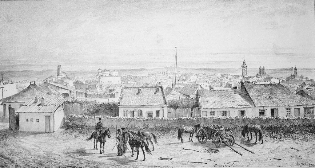 Panoramă a Iașilor cu turnuri de biserici, litografie de Auguste Raffet din 1837