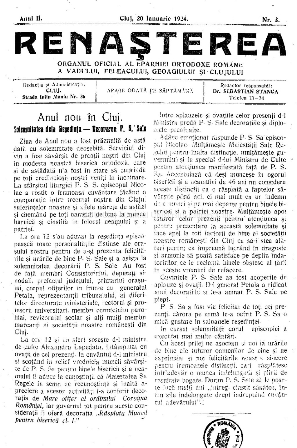 Prima pagină a ziarului Renașterea, organul oficial al Eparhiei ortodoxe române a Vadului, Feleacului, Geoagiului și Clujului, din 20 ianuarie 1924