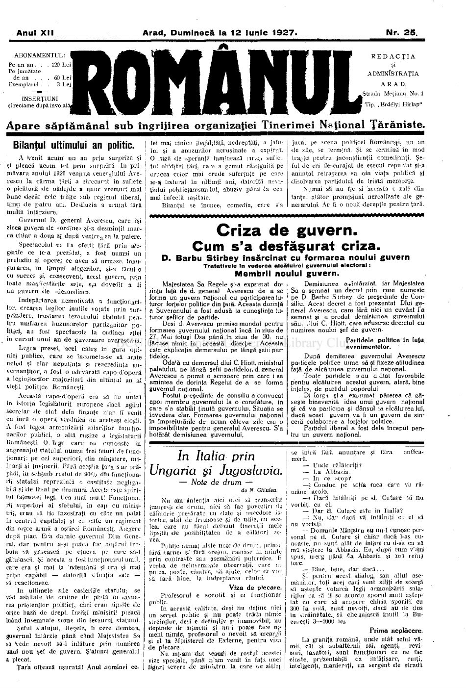 Românul, Arad, nr. 25, 12 iunie 1927: D. Barbu Știrbey însărcinat cu formarea noului guvern