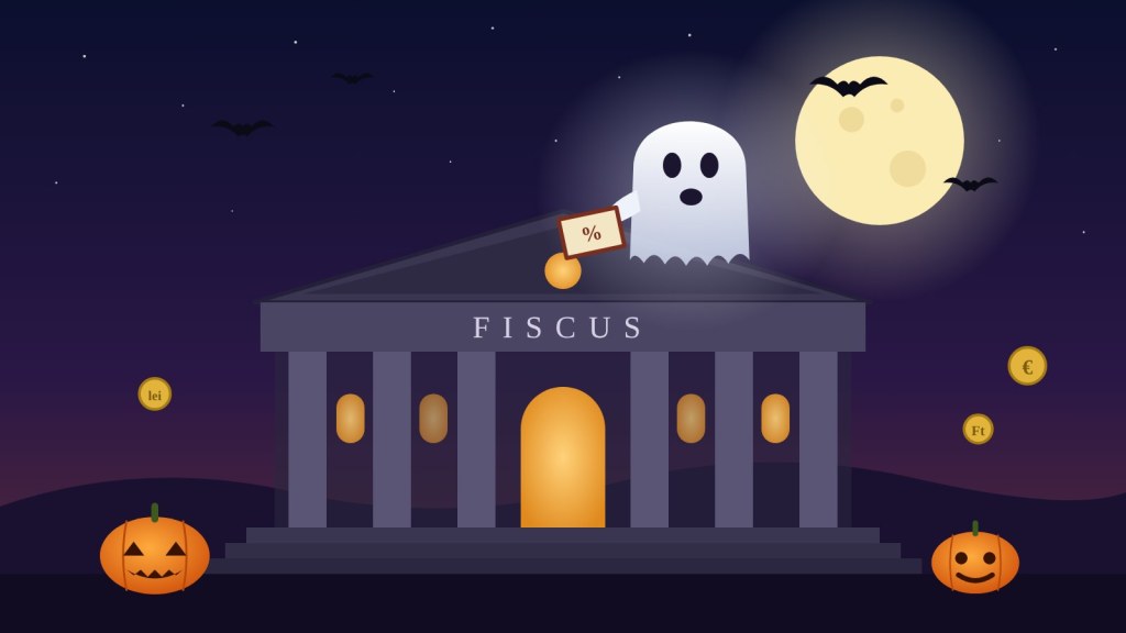 Ilustrație de Halloween: o stafie cu un registru marcat cu procent plutește deasupra unei clădiri neoclasice inscripționate FISCUS, sub lună plină, cu lilieci, dovleci și monede de euro, forinți și lei