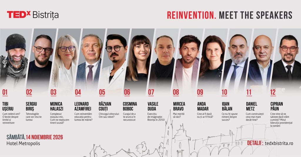 Banner TEDxBistrița 2026 REINVENTION cu cei 12 speakeri, 14 noiembrie 2026, Hotel Metropolis, detalii pe tedxbistrita.ro