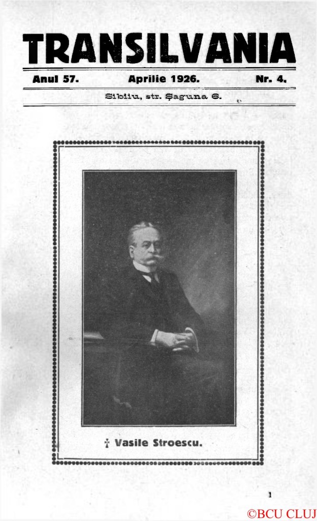 Prima pagină a revistei Transilvania, Sibiu, aprilie 1926, cu portretul lui Vasile Stroescu în chenar de doliu